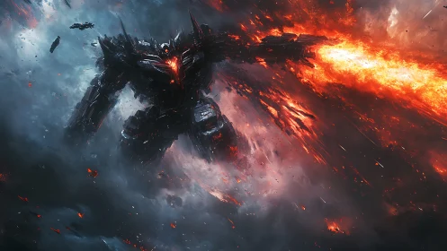 Colossal mecha barrage in incendiary nebula battlefield design.