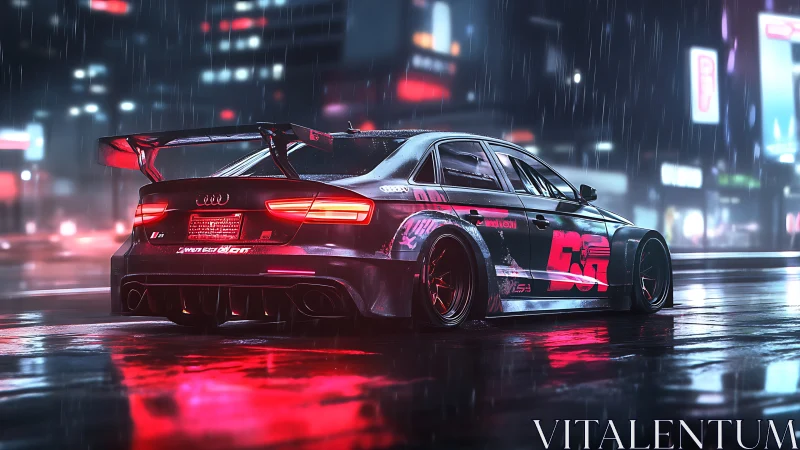 Neon-soaked tuner sedan in rainy cyberpunk city streets.