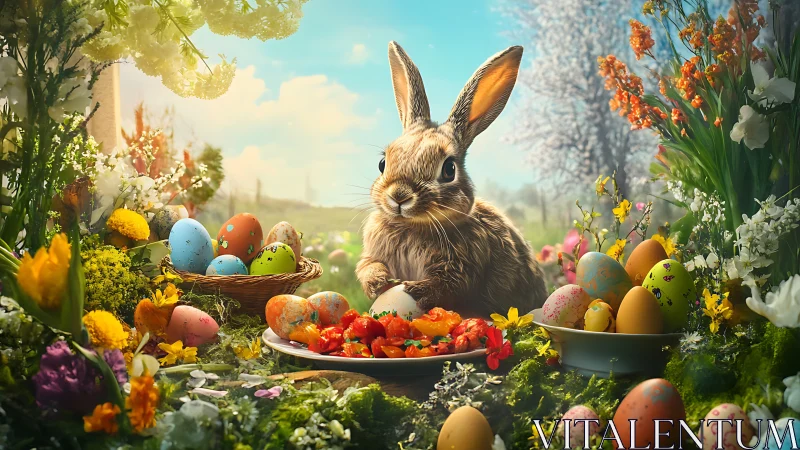 Easter rabbit sits amid vibrant painted eggs and flowers