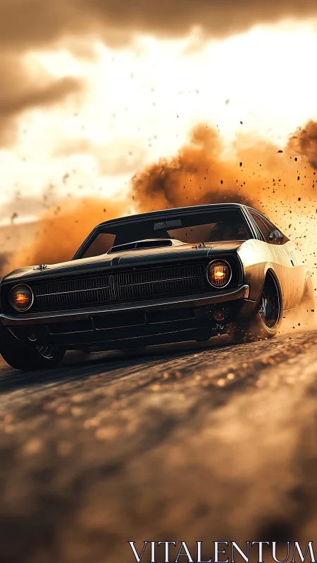 Classic muscle car drifting on dirt track with dust cloud.