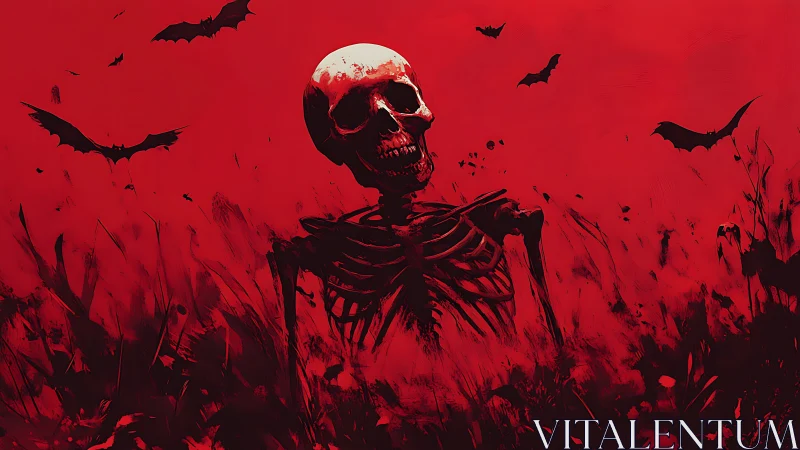 Red skeletal horror rising under bats in blood sky.