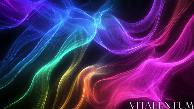 Neon ribbons whisper across a dark cosmic hallway.