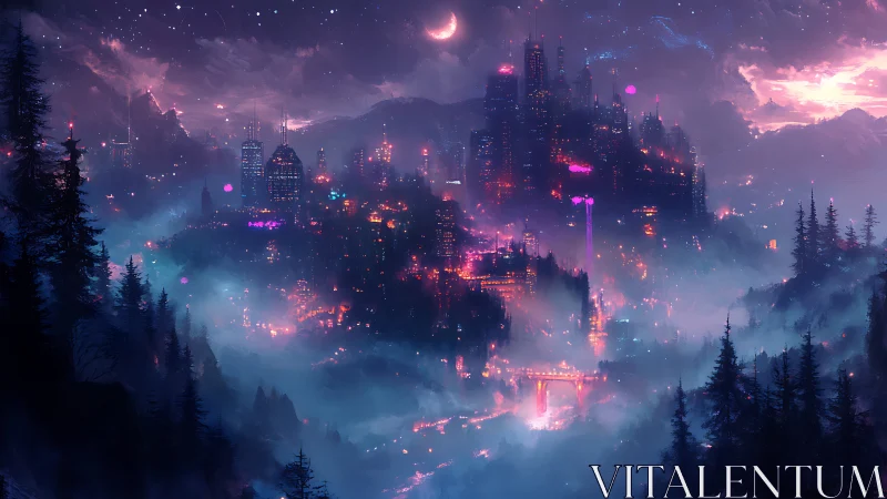 Nocturnal neon megacity in misted conifer valley, crescent sky