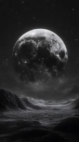 Luminous moon hangs over desolate alien valley at night.