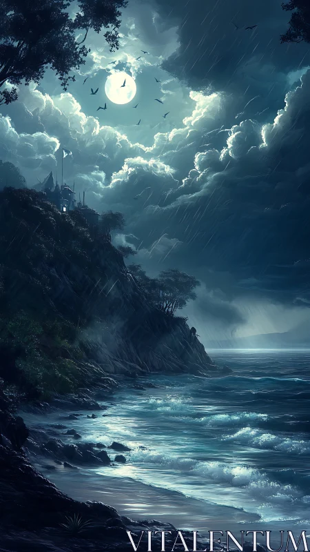 Moonlit stormy coast with cliffside castle and dark sea.