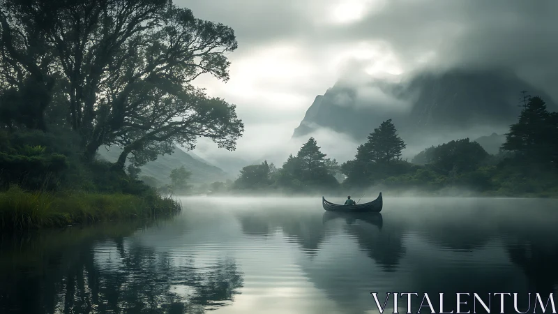 Solitary canoe drifts across a misty mountain lake at dawn.