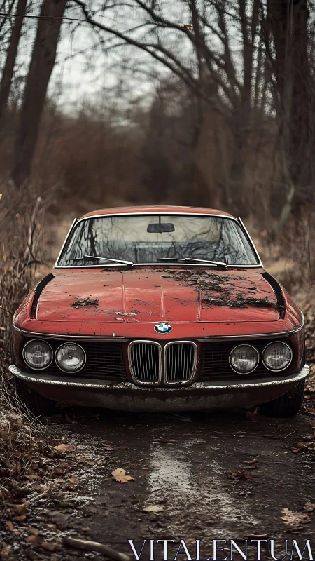 Weathered red BMW coupe abandoned on narrow forest track.