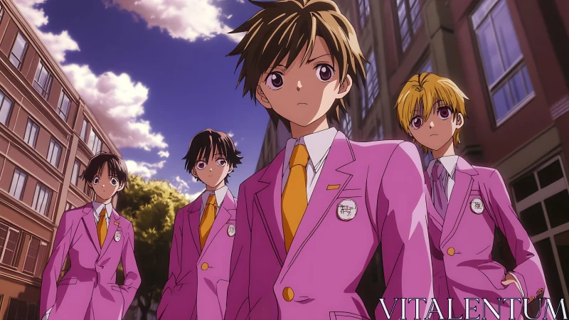 Pink blazer brigade under moody academy skylight.