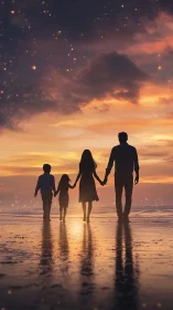 Golden hour family stroll glows under a dreamy starlit sky