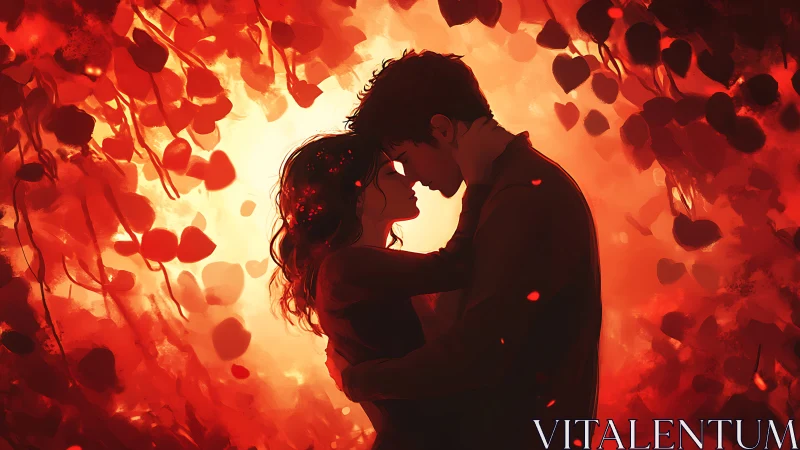 Passionate Embrace Among Glowing Hearts.