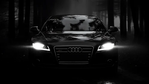Midnight Audi sedan with piercing headlights in forest mist.