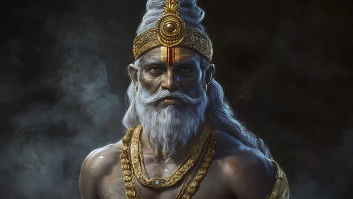 3D regal portrait of mythic elder with ornate gold regalia.