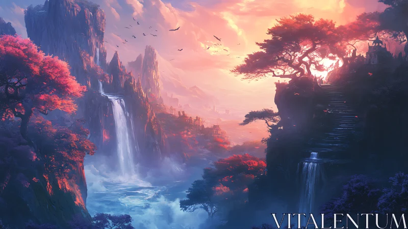Sunlit fantasy valley with twin waterfalls and misty cliffs