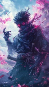 Cyber ninja warrior amid neon petals and storm clouds.