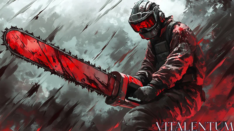 Intense chainsaw warrior framed in bold red energy.