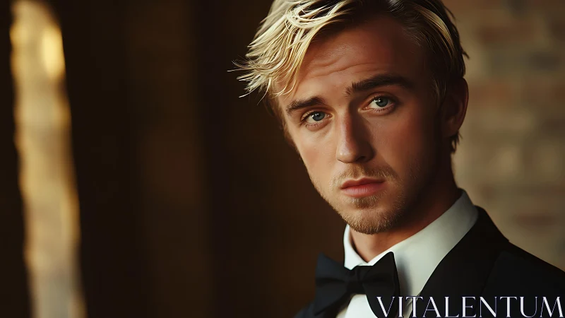 Elegant blond man in tuxedo with moody cinematic lighting.