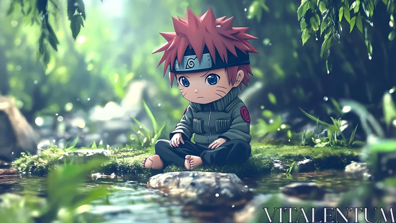 Gentle ninja child resting by a quiet forest stream.