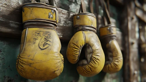 Weathered Boxing Gloves Hanging Together.