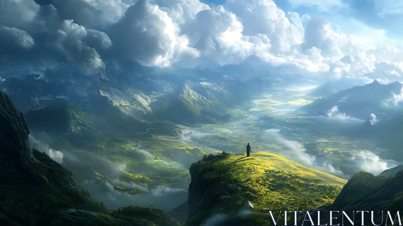 Solitary figure surveys expansive valley under dense cloud cover