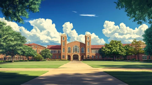 Red brick campus hall under vivid summer clouds at noon.