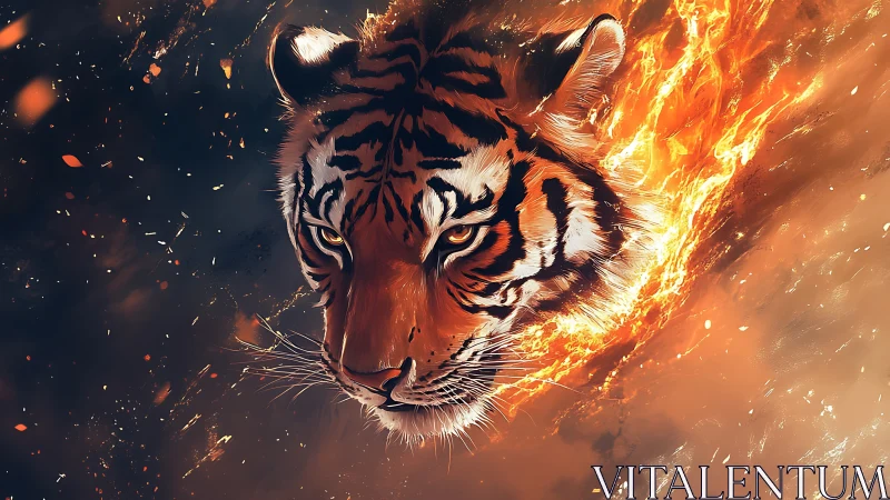 Tiger head emerges through swirling flames and sparks