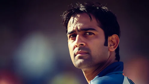 Focused athlete gazes back under warm stadium light.