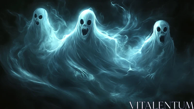 Ethereal ghostly trio drift through eerie swirling mist.