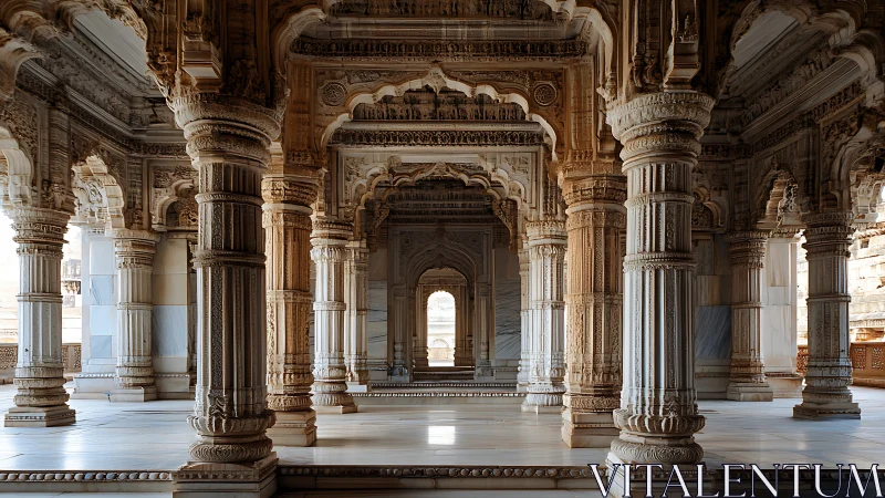 Intricate stone temple hall with carved pillars and arches.