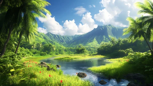Tropical mountain lagoon under vivid midday sunlight.