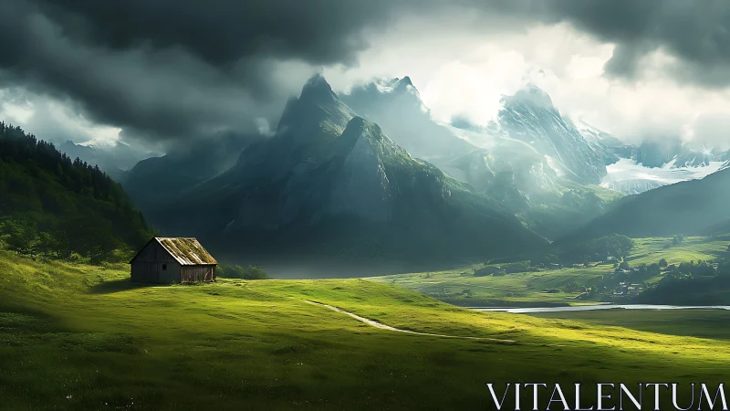 Solitary valley cabin listens to storm-crowned mountain giants