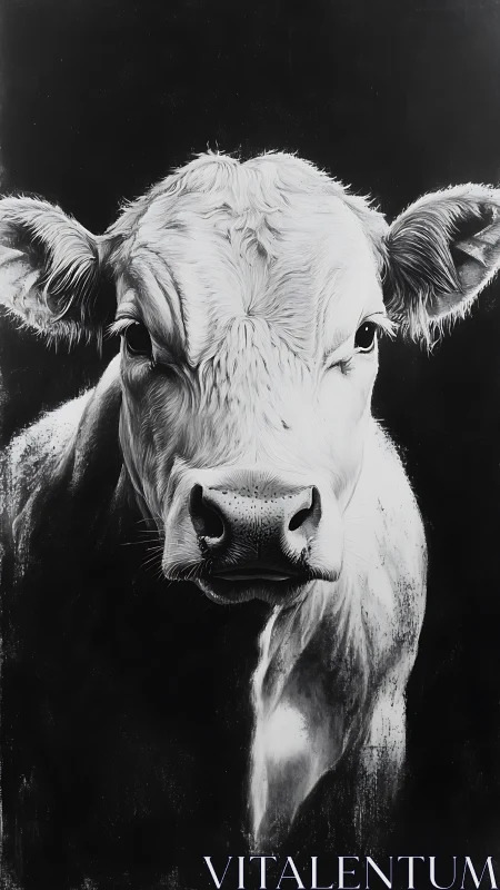Monochrome bovine portrait under dramatic high contrast lighting.