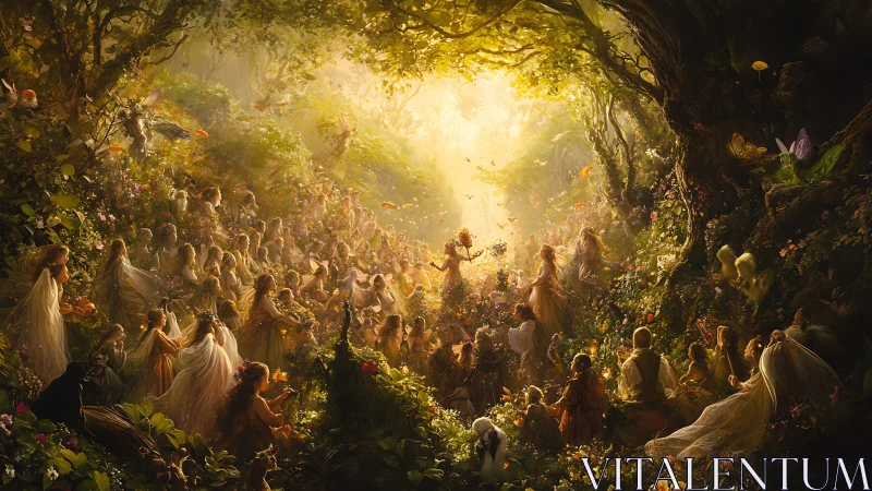Forest fae gathering around radiant central light source.