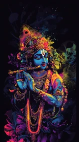 Divine blue deity plays flute amid neon floral aura