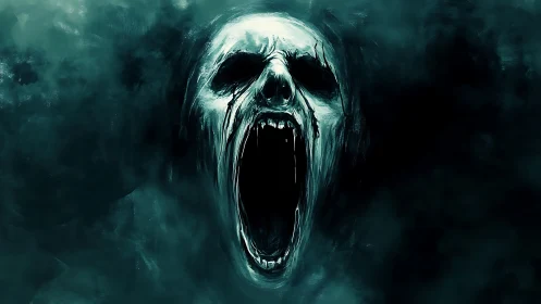 Apparitional skull emerges from void in high-contrast digital horror