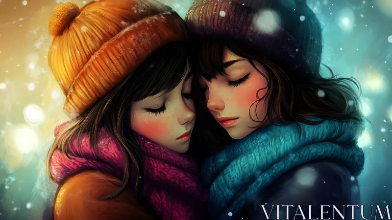 Warm Embrace in Winter: Two Figures Connected Through Light.