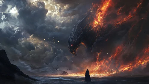 Volcanic sky leviathan confronting cloaked littoral figure.