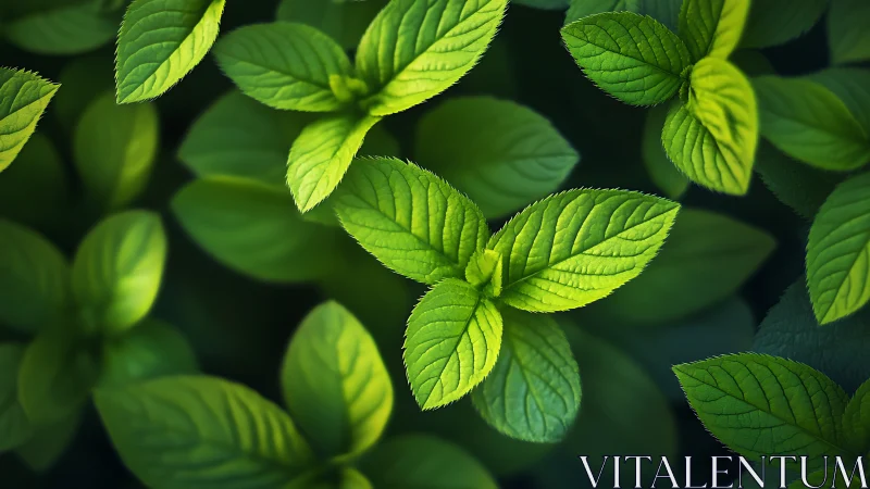 Lush mint leaves glow in dramatic natural green light.