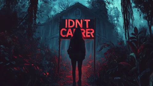 Silhouette before neon sign in dark overgrown forest scene.