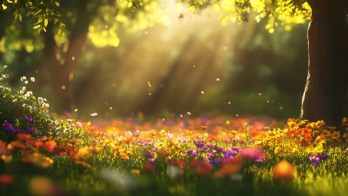 Golden-hour sunbeams illuminate a densely flowered forest glade