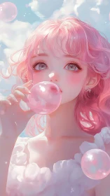 Pink haired girl holds iridescent bubble under soft sky