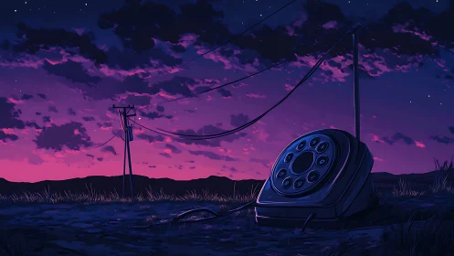 Retro rotary phone rests beneath a neon dusk sky.