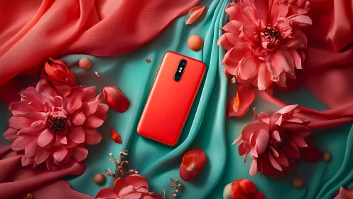 Red smartphone lies centered among pink flowers and fabric