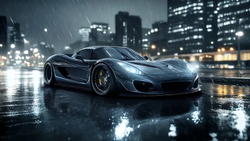 Black sports car on wet city street at night in rainfall.
