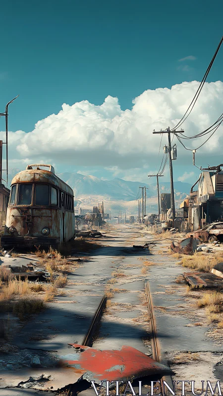 Abandoned tramway cuts through a sunlit post apocalyptic town