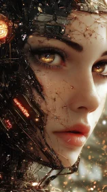 Cybernetic female face merged with intricate circuitry details.
