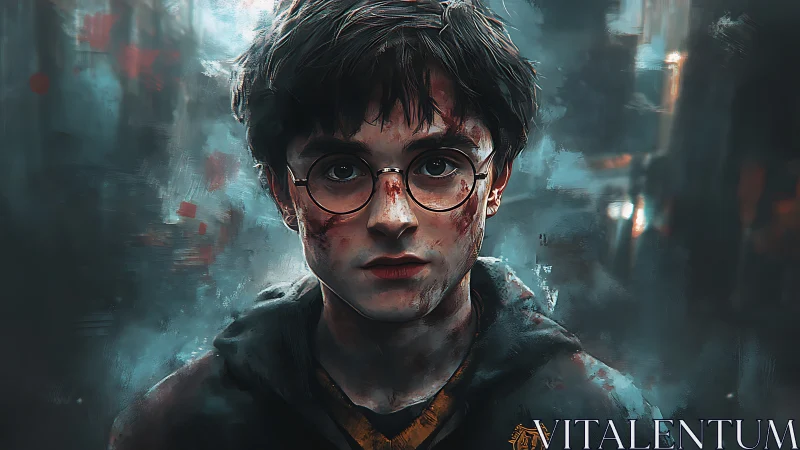 Battle-worn young wizard stands in swirling painted mist.