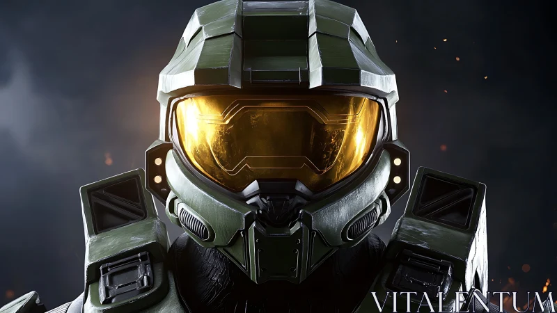 Armored sci fi soldier helmet rendered with reflective visor