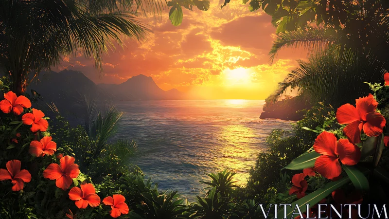 Digital seascape depicts tropical coastline at sunset