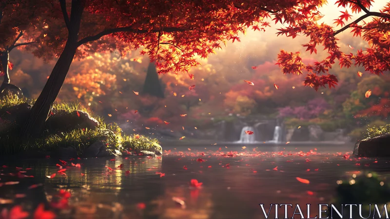 Glowing autumn trees welcome quiet waters and soft cascades