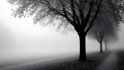 Monochrome avenue of trees recedes into dense atmospheric fog